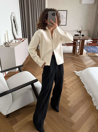 Damen Strickjacke mit Reißverschluss und Stehkragen, langärmlig