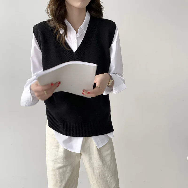 Women's knitted vest, V-neck, sleeveless, gray
