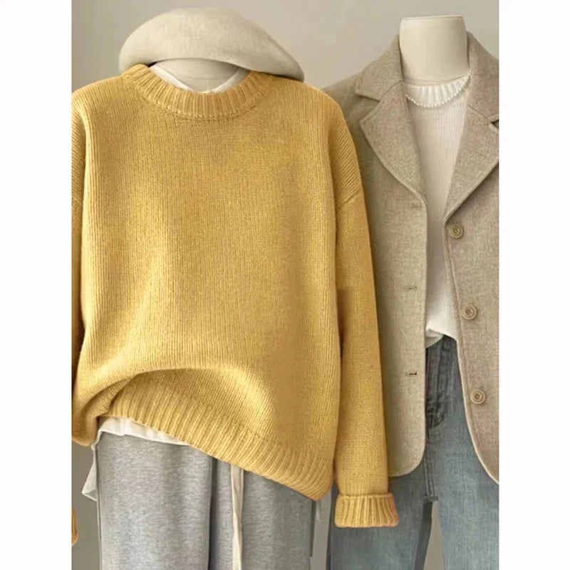 Ribbed crew-neck knit sweater, loose fit, multicolored