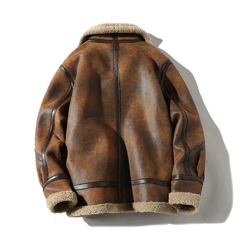 Men's aviator jacket winter shearling look brown warm faux leather jacket