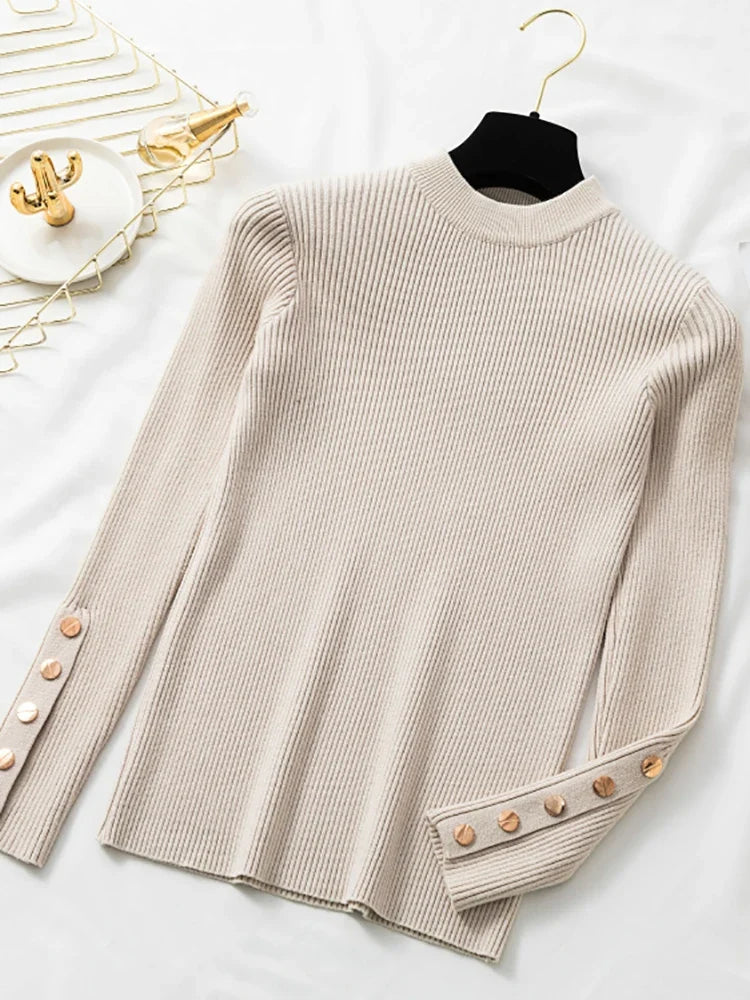 Women's rib-knit sweater, long sleeve, with decorative buttons