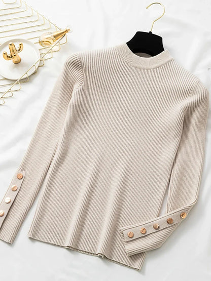 Women's rib-knit sweater, long sleeve, with decorative buttons