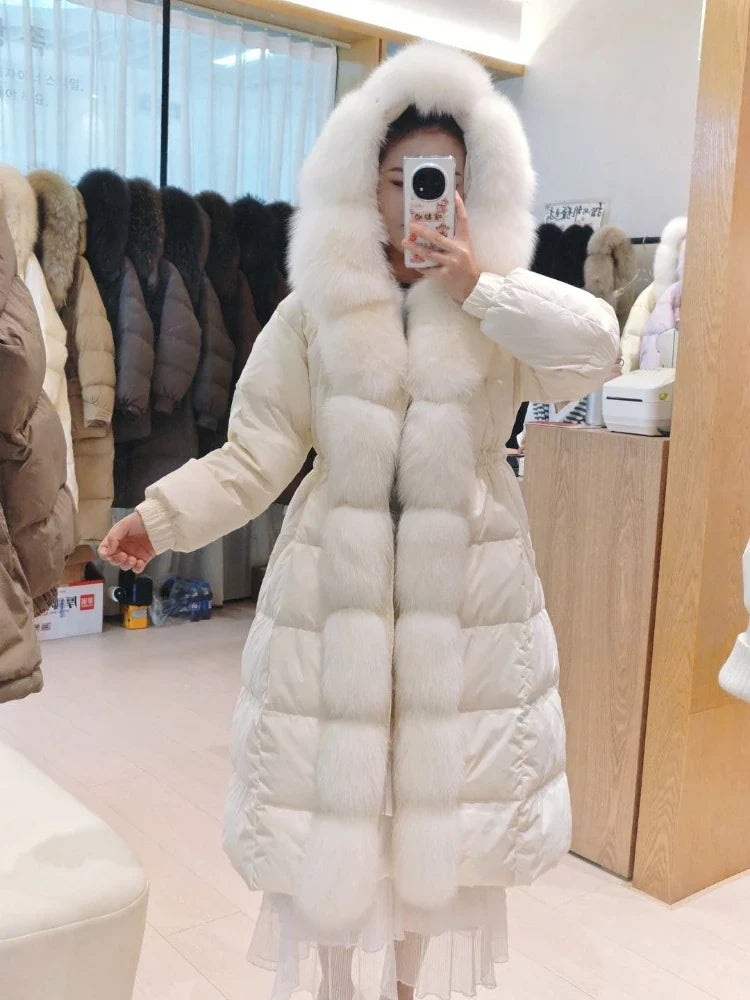 Women's Long Down Coat with Hood and Faux Fur Trim, Warm Winter Jacket