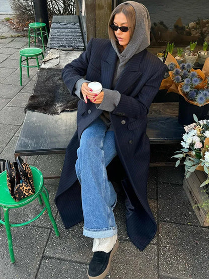 Damen Oversize-Mantel Marineblau Nadelstreifen Lang Zweireihig