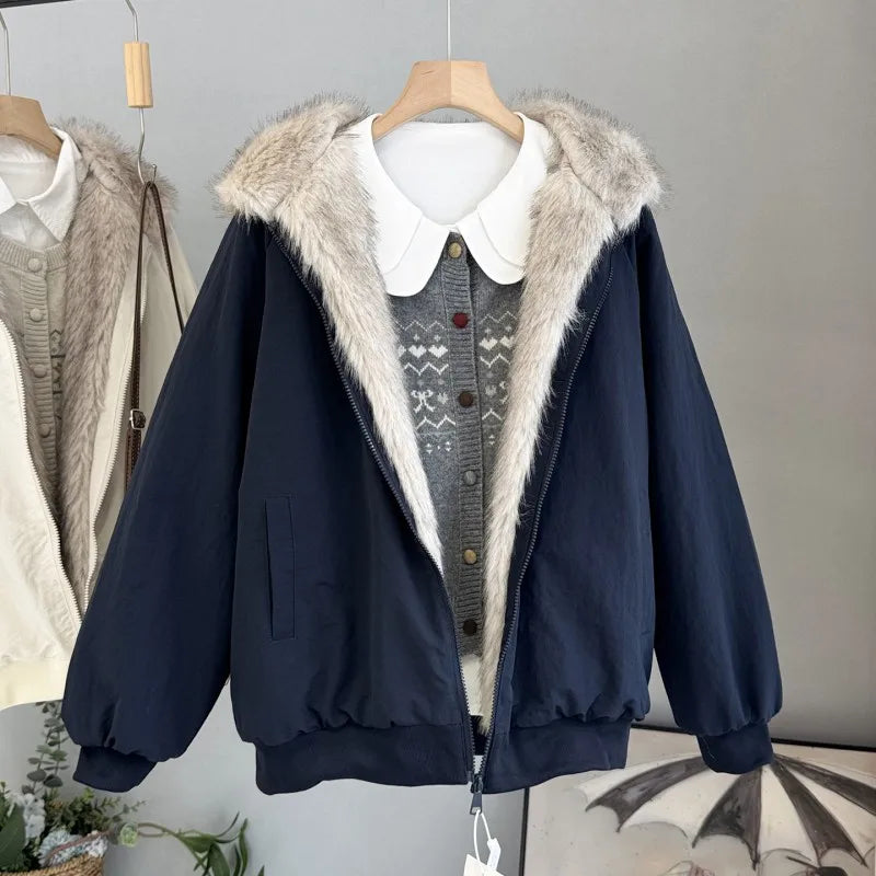 Damen Bomberjacke mit Kapuze Pelzimitat Futter Reißverschluss khaki