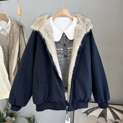 Damen Bomberjacke mit Kapuze Pelzimitat Futter Reißverschluss khaki