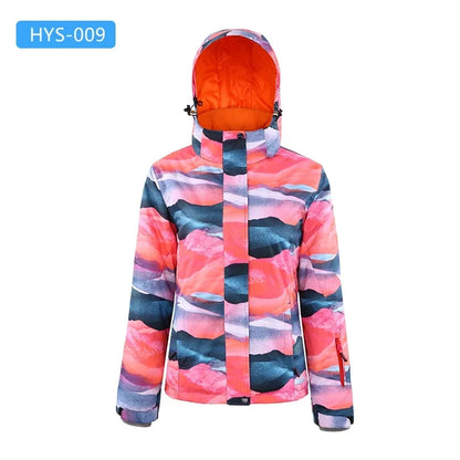 Women's winter ski jacket with hood, colorful pattern, outdoor