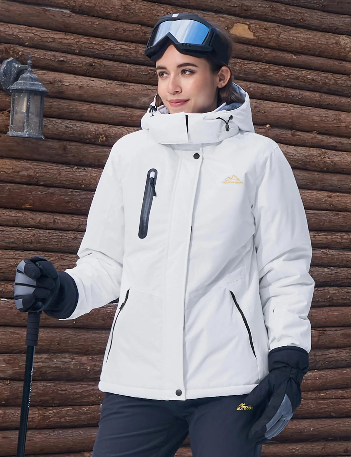 Women's winter outdoor jacket with hood and zippered pockets