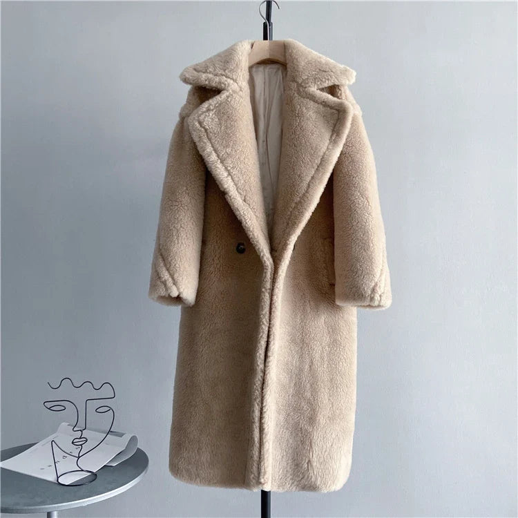 Damen Teddyfell-Mantel Lang Zweireihig Beige Winter