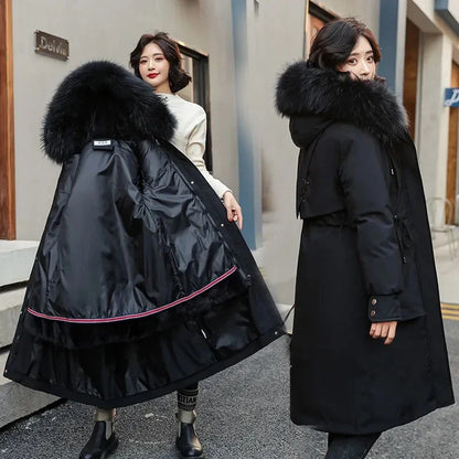 Women's winter parka with detachable hood and faux-fur trim