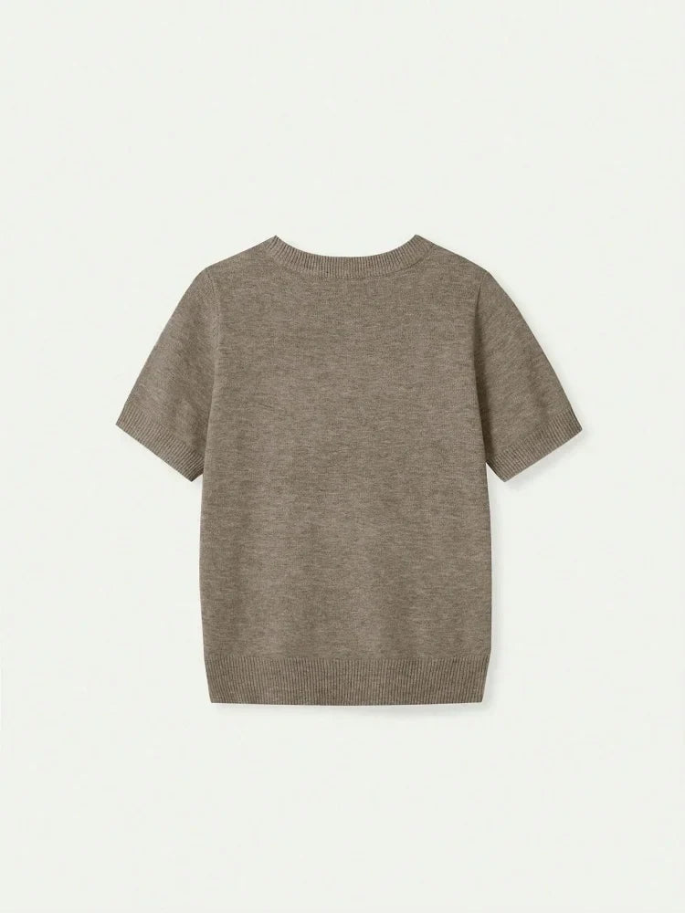 Women's beige short-sleeve knit top, crew neck, sweater