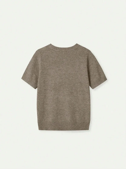 Women's beige short-sleeve knit top, crew neck, sweater
