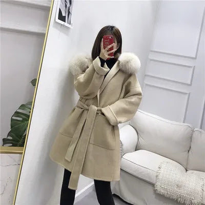Women's Short Coat with Fur Collar and Fur Cuffs, Belted Wrap Coat
