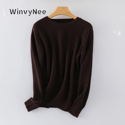 Women's Waffle-Knit Long-Sleeve Crewneck Basic Sweater