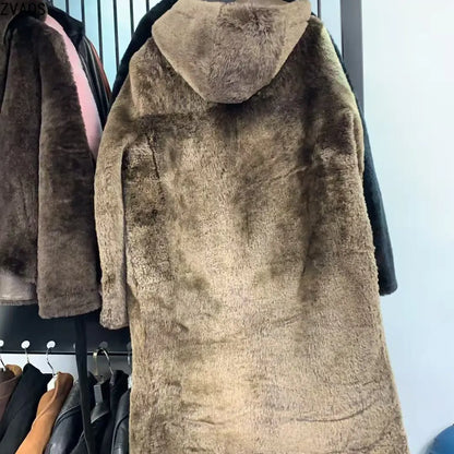 Women's long teddy-style coat with hood, button closure, beige
