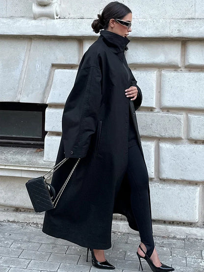 Damen Langer Trenchcoat Oversize mit hohem Kragen Schwarz
