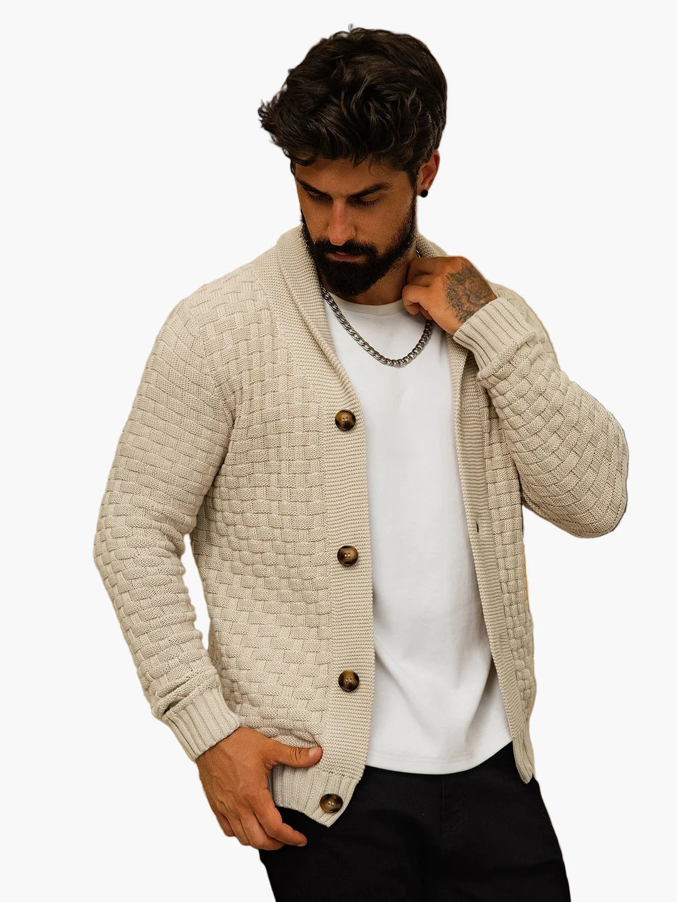 Men's cardigan with shawl collar – Stylish casual cardigan, modern design