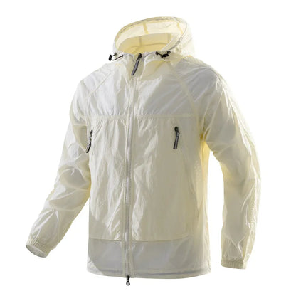 Lightweight hooded windbreaker jacket with zipper, for outdoor use
