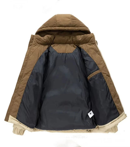 Men's Padded Winter Jacket with Hood, Corduroy Collar and Color-Block Design