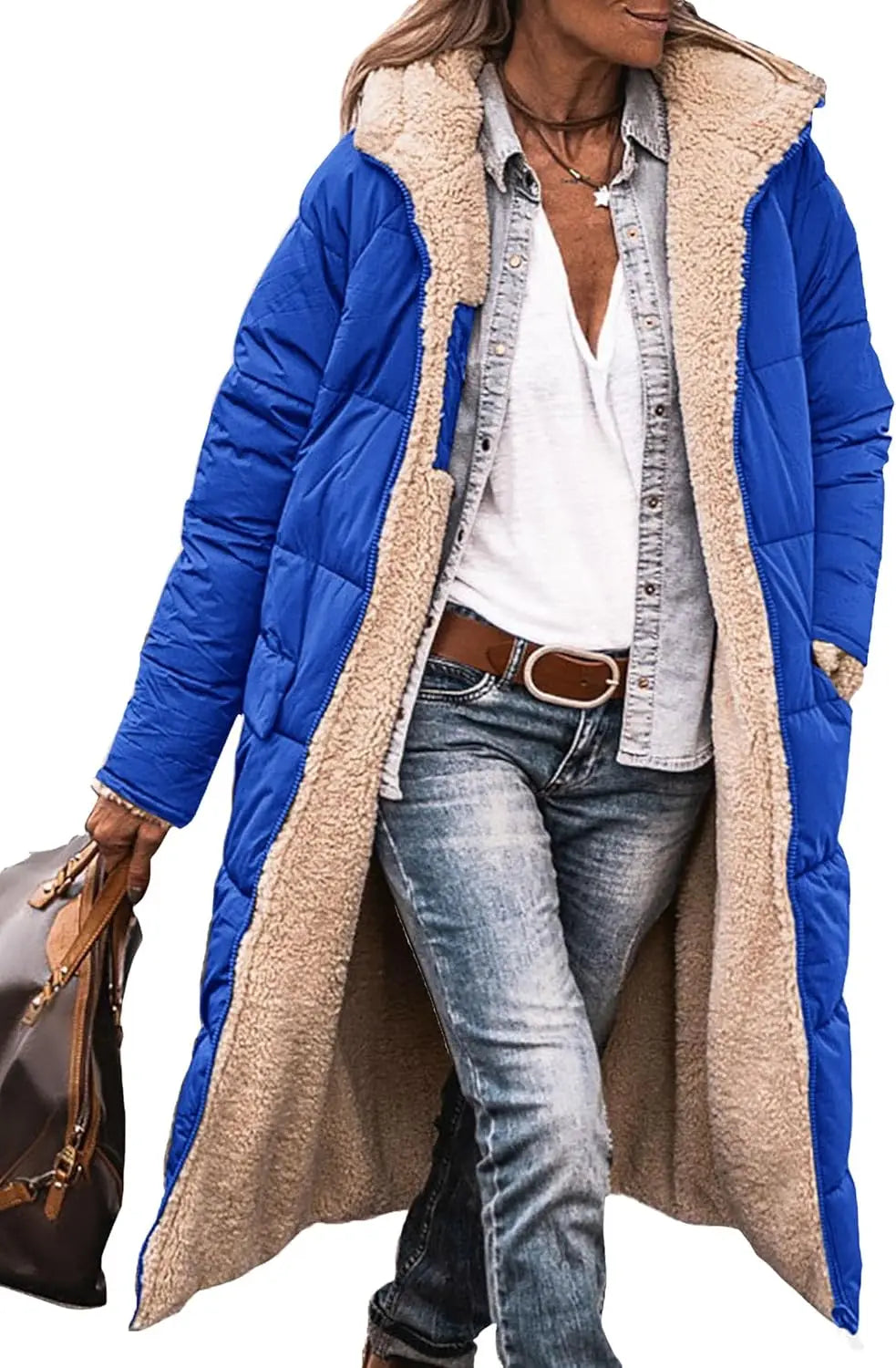 Long women's quilted coat with teddy lining & hood - Warmly lined winter coat