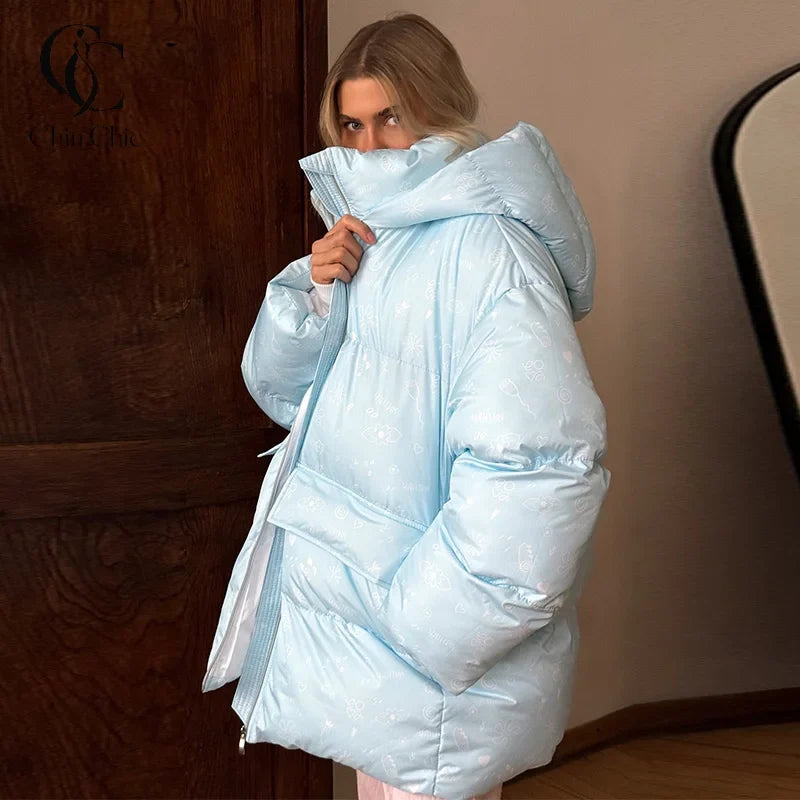 Damen Steppjacke mit Muster, Kapuze & Fäustlingen, locker geschnitten