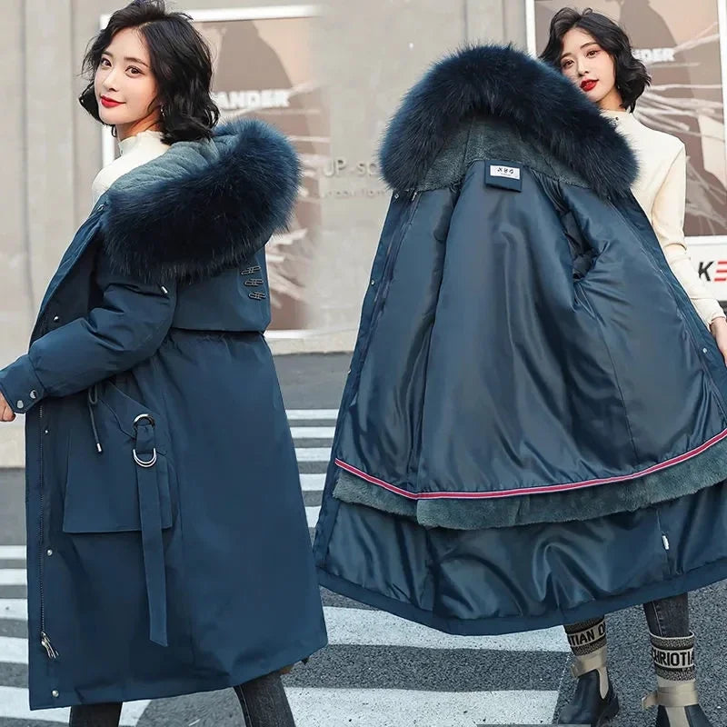 Women's winter parka with detachable hood and faux-fur trim
