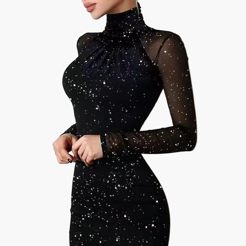 Women's bodycon mini dress with glitter effect and transparent sleeves – elegant party and evening dress