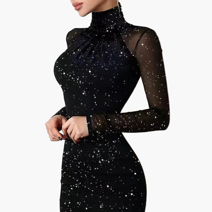 Women's bodycon mini dress with glitter effect and transparent sleeves – elegant party and evening dress