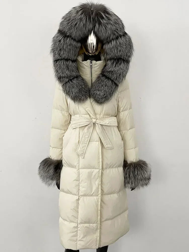 Women's quilted winter down coat with faux fur trim and belt