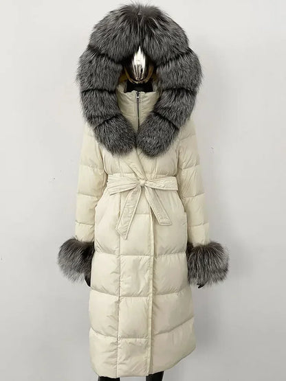 Women's quilted winter down coat with faux fur trim and belt