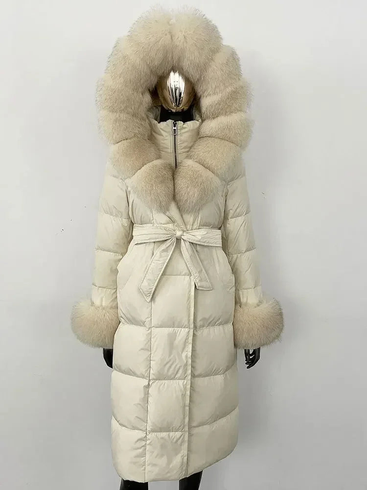 Women's quilted winter down coat with faux fur trim and belt