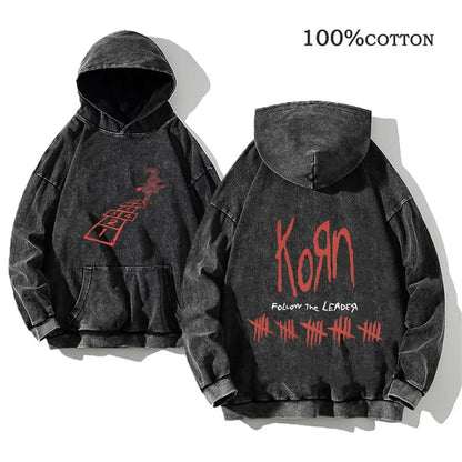 Hoodie Schwarz Grau Washed Oversize mit Band-Print Vorn & Hinten