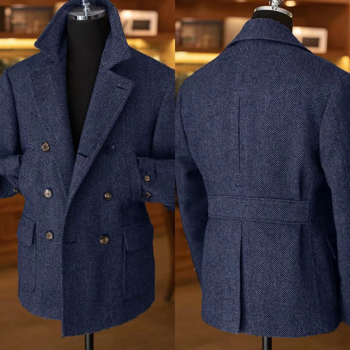 Men's Double-Breasted Vintage Business Blazer – Classic Houndstooth Look for Office & Festive Occasions