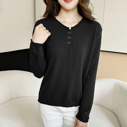Women's Henley Shirt with Button Placket, Long Sleeves, Crew Neck, Fine Knit, Purple