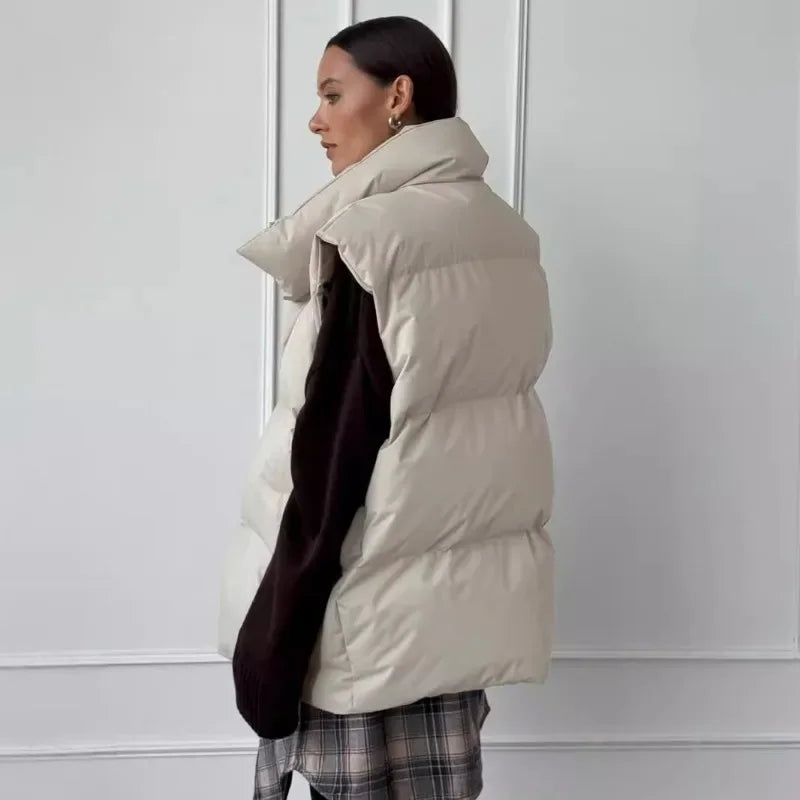 Women's Puffer Vest Stand-Up Collar Gray Black Apricot