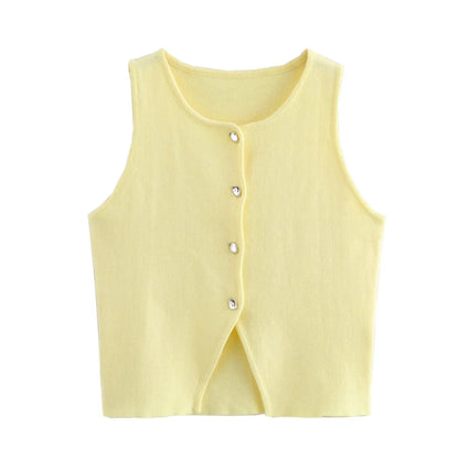 Damen Ärmelloses Stricktop mit Rundhals und Knopfleiste Kurz geschnitten