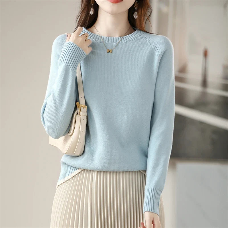 Women's Crew-Neck Long-Sleeved Fine-Knit Basic Top
