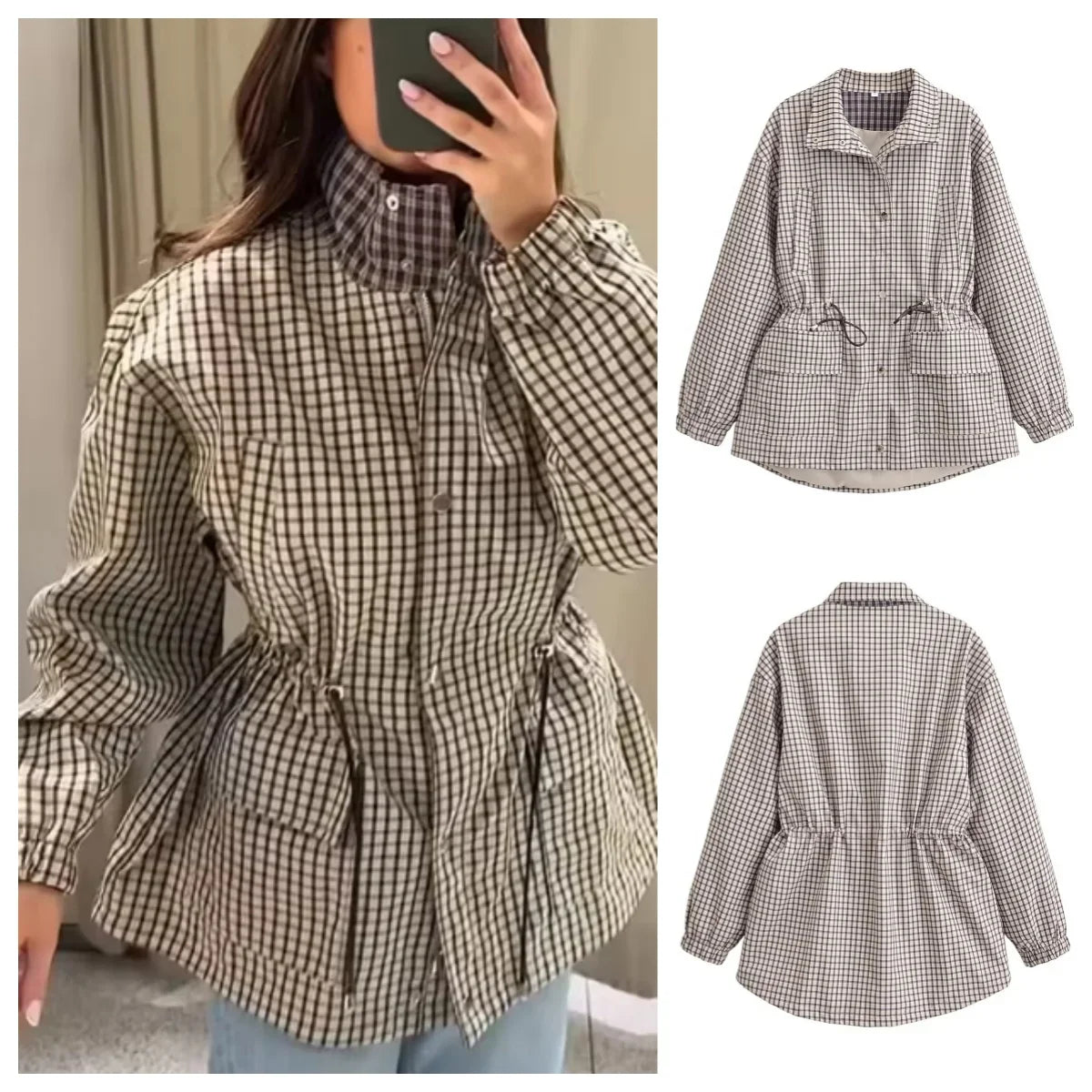 Women's checked jacket in beige and black with drawstring and stand collar