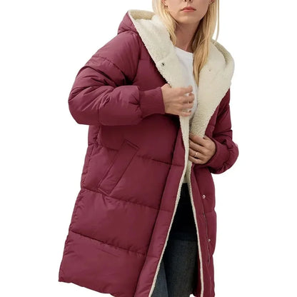 Damen Winter Steppmantel mit Kapuze & Teddyfutter Lang