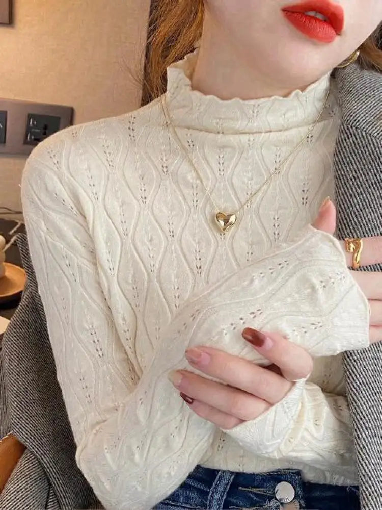 Women's stand-up collar long-sleeved fine-knit sweater with wave pattern