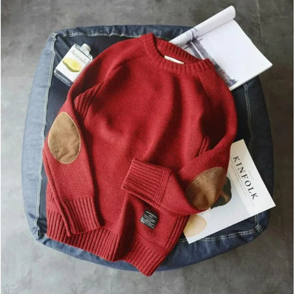 Herren Strickpullover Rundhals mit Ellbogen-Patches in Grau