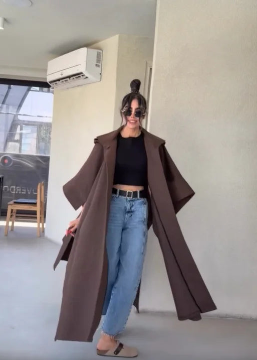 Women's long brown coat with loose oversized fit