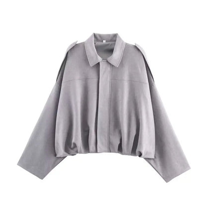 Women's cropped short transition jacket with lapel collar and long sleeves