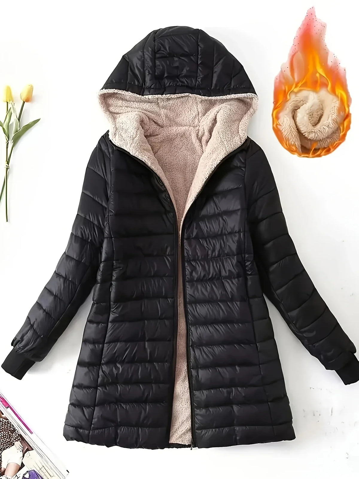 Damen Steppjacke mit Kapuze, gefüttert mit Kunstfell, langer Schnitt