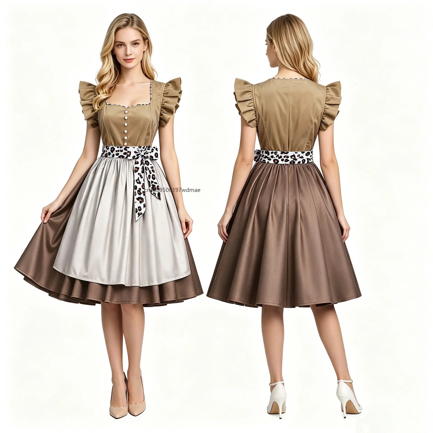 Damen Dirndl Kleid Braun Beige mit Schürze und Leopardenmuster-Band