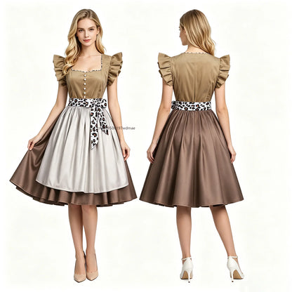 Damen Dirndl Kleid Braun Beige mit Schürze und Leopardenmuster-Band