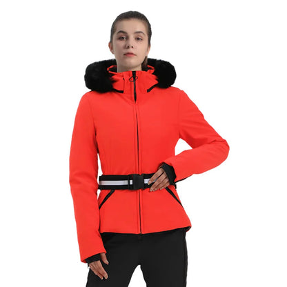 Women's ski jacket with check pattern and faux fur hood, belt, water-repellent