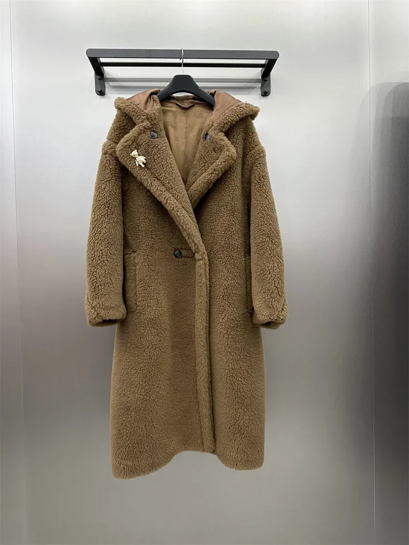 Women's long teddy coat with hood & teddy brooch