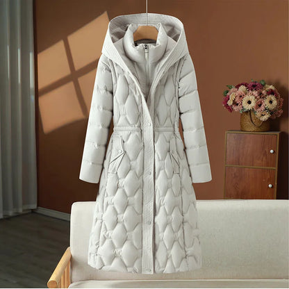 Women's long quilted coat with hood, winter coat, padded, beige