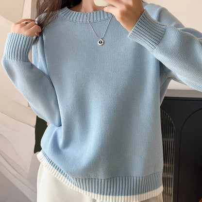 Women's crew-neck long-sleeve knit sweater with ribbed cuffs, light blue